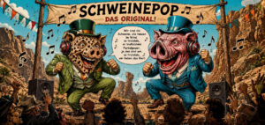 Zwei grotesk überzeichnete Schweinefiguren in eleganten Anzügen und Zylindern tanzen auf einer Bühne vor jubelndem Publikum. Über ihnen hängt ein großes Banner mit dem Schriftzug „Schweinepop“. Musiknoten schweben durch die Luft und unterstreichen die ausgelassene Stimmung. Die Kulisse besteht aus einer felsigen Wüstenlandschaft mit Schluchten und Felsnadeln. Das Bild wirkt wie eine satirische Mischung aus Karneval, Konzert und Comic.