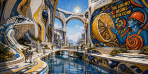 Eine futuristische Architektur aus weißen, blauen und goldenen Mosaikflächen erstreckt sich entlang eines Kanals. Riesige Wandbilder zeigen eine mechanische Figur und eine monumentale Amphibie. Menschen spazieren über Brücken und Wege zwischen den Gebäuden. Das Sonnenlicht betont die leuchtenden Farben der Keramikoberflächen. Die Szene erinnert an eine visionäre mediterrane Zukunftsstadt. Nr. 57