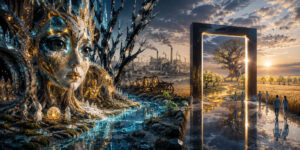 Eine monumentale Frauenfigur aus Kristall- und Baumstrukturen dominiert die linke Bildhälfte. Rechts öffnet sich ein riesiges rechteckiges Portal zu einer hellen Landschaft mit einem leuchtenden Baum. Menschen schreiten über spiegelnde Flächen auf das Tor zu. Industrieanlagen und Natur stehen in starkem Kontrast zueinander. Das Bild vermittelt Wandel, Hoffnung und Übergang.