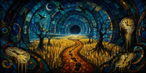 Mosaikartige Fantasielandschaft mit goldgelbem Feld und gewundenem Weg in einen sternenreichen Tunnel. Schmelzende Uhren rahmen die Komposition auf beiden Seiten ein. Schwarze Vögel fliegen unter einer Sichelmondnacht über kahle Bäume hinweg. Die Szene erinnert an eine Reise durch Zeit, Erinnerung und Traum.