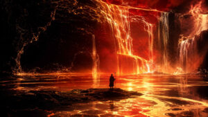 Eine einzelne Gestalt steht vor gewaltigen leuchtenden Kaskaden aus glühender Lava. Die gesamte Landschaft wird von orange-rotem Licht erfüllt und spiegelt sich auf der Oberfläche eines flüssigen Sees. Dunkle Felsformationen rahmen die Szene ein. Das Bild besitzt eine monumentale und mythische Wirkung.