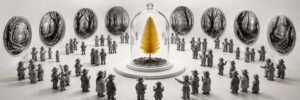Minimalistische Ausstellung mit zahlreichen grauen Figuren, die ein einzelnes goldenes Blatt unter einer Glasglocke betrachten. An den Wänden hängen monochrome Waldlandschaften in ovalen Rahmen. Die streng reduzierte Farbpalette lenkt den Blick auf das zentrale Symbol. Das Bild wirkt wie eine Allegorie über Wert, Erinnerung und Vergänglichkeit.