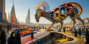 Monumentale tierähnliche Skulptur erhebt sich über einem weitläufigen System aus roten, blauen und goldenen Wasserwegen. Zahlreiche maskierte Gestalten verteilen sich auf Brücken und Plätzen einer futuristischen Stadt. Die Architektur verbindet geschwungene Formen mit hohen Türmen und offenen Hallen. Die Szene wirkt wie ein feierliches Ritual in einer fremden Kultur.