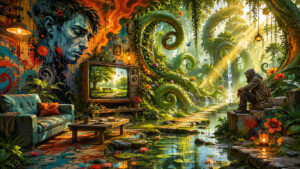 Wohnraum und üppige Natur gehen nahtlos ineinander über. Ein Fernseher zeigt eine friedliche Parklandschaft, während spiralförmige Pflanzen und Wasserläufe den Raum durchziehen. Ein einsamer Mensch sitzt nachdenklich am Rand eines Kanals. Sonnenstrahlen, Blumen und Wandmalereien schaffen eine poetische Stimmung zwischen Innen- und Außenwelt.