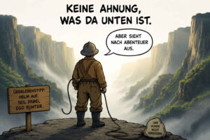 Ein Forscher mit Helm und Seil steht am Rand einer hohen Felsklippe und blickt in eine nebelverhangene Schlucht. Über ihm steht: „Keine Ahnung, was da unten ist.“ In einer Sprechblase ergänzt er: „Aber sieht nach Abenteuer aus.“ Ein Schild empfiehlt: „Helm auf, Seil dabei, Ego runter“, während ein Stein daran erinnert, den Humor nicht zu vergessen.