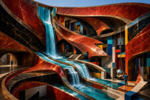Türkisfarbenes Wasser stürzt durch eine verschachtelte Architektur aus geschwungenen roten, schwarzen und goldgerahmten Flächen. Der Strom teilt sich über mehrere Ebenen und fließt zwischen Treppen, Durchgängen und farbigen Quadern hindurch. Drei einzelne Menschen erkunden die Anlage; einer steht neben einer großen Spiegelkugel, die an einem langen Seil hängt.