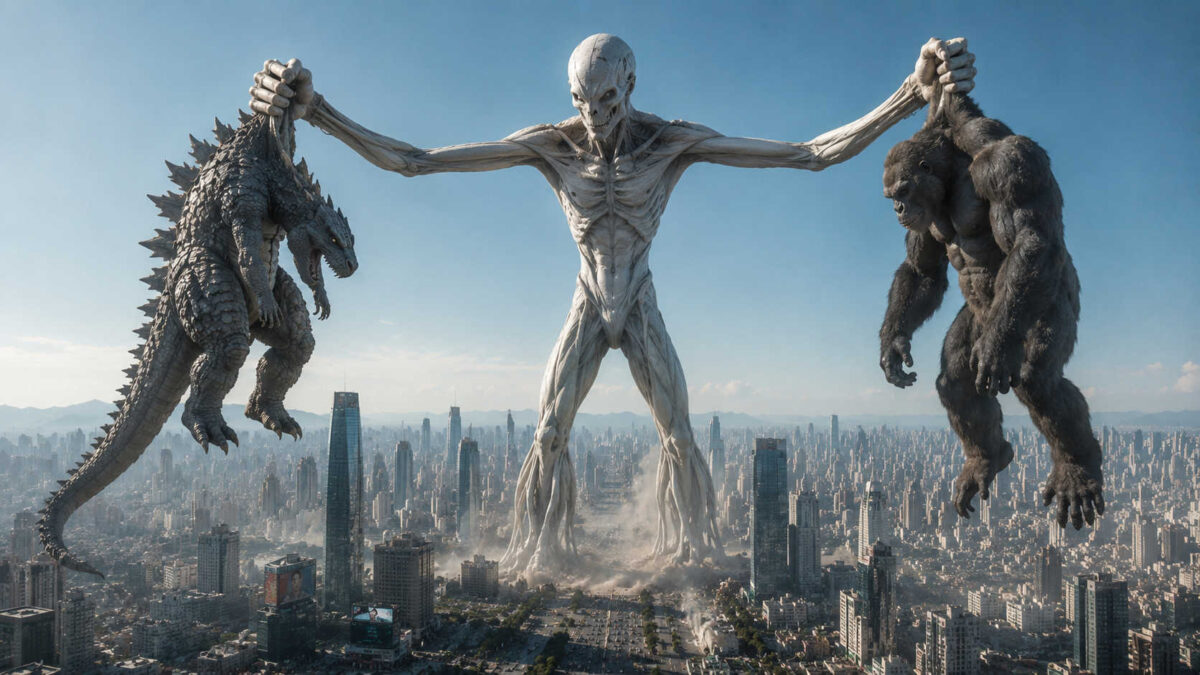 Über einer dicht bebauten Großstadt steht ein gewaltiges bleiches Monster, das selbst Godzilla und King Kong weit überragt. Mit ausgestreckten Armen hält es die beiden Streithähne an den Handgelenken hoch und voneinander fern. Die sonst furchteinflößenden Giganten hängen kraftlos zu seinen Seiten und wirken plötzlich wie zwei ungezogene Kinder.