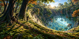 Surreale Waldlandschaft mit gewaltigen alten Bäumen, deren Stämme und Wurzeln eine riesige natürliche Höhle und einen bogenförmigen Durchgang bilden. Drei dunkle menschenähnliche Gestalten bewegen sich zwischen den mächtigen Wurzeln einen bewaldeten Hang hinab. Durch die große Öffnung fällt helles Sonnenlicht auf einen tiefer gelegenen Wald. Moose, Farne und herbstlich gefärbtes Laub bedecken den Boden und verstärken den Eindruck einer lebendig gewordenen Landschaft.