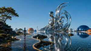 Eine schlanke metallische Gestalt folgt einem leuchtenden Weg entlang eines stillen Sees. Auf der gegenüberliegenden Seite erhebt sich eine monumentale silberne Frauenfigur aus dem Wasser, deren Rücken in geschwungene, flügelartige Strukturen übergeht. Kuppelförmige Gebäude in Blau, Weiß und Orange verteilen sich über die ruhige, von Spiegelungen erfüllte Uferlandschaft.