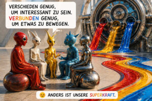 Fünf verschiedenartige, farbige Wesen sitzen in einer futuristischen Umgebung beisammen und unterhalten sich. Hinter ihnen fließen rote, gelbe und blaue Flüssigkeiten aus einer großen Maschine und vereinigen sich zu parallelen Bahnen. Die Sprechblase sagt: „Verschieden genug, um interessant zu sein. Verbunden genug, um etwas zu bewegen.“ Darunter steht: „Anders ist unsere Superkraft.“