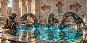 In einer hellen, marmorgeprägten Ruinenhalle liegt ein türkisfarbenes Wasserbecken mit mehreren großen gebogenen Pfeilformen. Die Pfeile tauchen mit ihren Spitzen ins Wasser, als würden sie daraus trinken oder darin Wurzeln schlagen. Links sitzt eine farbig gepanzerte Gestalt und gießt zusätzlich leuchtendes Wasser aus einem Gefäß in das Becken. An der Wand darüber zeigen drei massive Steinpfeile in verschiedene Richtungen.