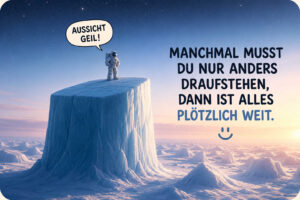 Ein Astronaut steht auf einem hohen, nahezu senkrechten Eisplateau und blickt über eine endlose gefrorene Landschaft. Die tief stehende Sonne taucht den Horizont in sanftes rosa Licht. Seine knappe Feststellung lautet: „Aussicht geil!“ Daneben steht: „Manchmal musst du nur anders draufstehen, dann ist alles plötzlich weit.“