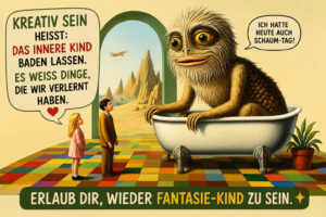 Ein riesiges zotteliges Fantasiewesen sitzt vergnügt in einer weißen Badewanne und verkündet: „Ich hatte heute auch Schaum-Tag!“ Zwei Menschen betrachten es in einem Raum mit buntem Kachelboden und einem Tor zu einer fremden Landschaft. Links steht: „Kreativ sein heißt: Das innere Kind baden lassen. Es weiß Dinge, die wir verlernt haben.“ Darunter folgt: „Erlaub dir, wieder Fantasie-Kind zu sein.“