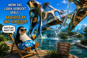Ein Pinguin mit Sonnenbrille und blauer Badehose entspannt mit einem Getränk im Liegestuhl. Hinter ihm erhebt sich eine bizarre spiegelnde Architektur, durch die Wasser in ein großes Becken strömt. Der Bildtext rät: „Wenn das Leben verrückt spielt … Badehose an und genießen!“ Der Pinguin sagt: „Kein Plan? Macht nix!“, während ein Schild ergänzt: „Lass das Wasser fließen.“