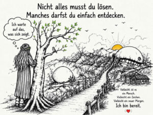 Eine langhaarige Gestalt mit Blumenkranz steht an einem Baum und blickt in eine rätselhafte Landschaft mit Bergen, Gebäuden und einer riesigen weißen Kugel. Über ihr steht: „Nicht alles musst du lösen. Manches darfst du einfach entdecken.“ Sie denkt: „Ich warte auf das, was sich zeigt.“ Darunter heißt es: „Vielleicht ist es ein Mensch. Vielleicht ein Zeichen. Vielleicht ein neuer Morgen. Ich bin bereit.“