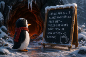 Ein Pinguin mit rotem Schal steht im Schnee vor dem Eingang einer orange glühenden Höhle. Aufmerksam liest er eine große, von Schnee und Eiszapfen bedeckte Tafel. Darauf steht: „Höhle aus Glut? Klingt ungemütlich.“ Der Text fährt fort: „Aber hey – vielleicht gibt’s dort drin ja den besten Kakao!“