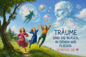 Drei junge Menschen springen fröhlich über eine sonnige Wiese, während zahlreiche bunt schimmernde Blasen am Himmel schweben. In einer großen Blase ist die Silhouette eines fliegenden Menschen zu sehen. Rechts erscheint eine gewaltige, aus Wolken und farbigen Flächen gebildete Gestalt. Der Bildtext lautet: „Träume sind die Blasen, in denen wir fliegen. Schütze sie.“