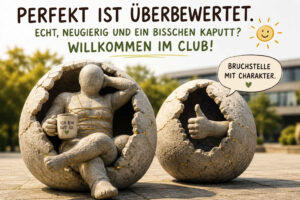 Eine steinerne Figur sitzt entspannt in einer aufgebrochenen Kugel und hält eine Tasse mit der Aufschrift: „Ich bin gut so.“ Aus einer zweiten rissigen Kugel ragt eine Hand mit erhobenem Daumen. Goldene Linien betonen die Brüche, statt sie zu verbergen. Darüber steht: „Perfekt ist überbewertet. Echt, neugierig und ein bisschen kaputt? Willkommen im Club!“ Die Sprechblase ergänzt: „Bruchstelle mit Charakter.“