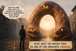 Ein Mann steht in einer alten Straße vor einem gewaltigen Torbogen, der aus zwei zähnefletschenden Monstern und einem großen Auge besteht. Durch die Öffnung fällt warmes Licht auf einen Weg in der Ferne. Der Mann denkt: „Wenn das Leben Türen macht, die aussehen wie Monster, dann hat es wahrscheinlich etwas Großes mit dir vor.“ Darunter steht: „Keine Angst vor großen Türen. Sie sind oft nur verkleidete Chancen.“