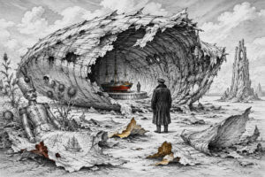Eine fein gezeichnete Schwarz-Weiß-Landschaft ist mit zerrissenen, papierartigen Schichten übersät. In einer riesigen aufgebrochenen Hülle steht ein kleines farbiges Segelschiff auf einem runden Podest. Ein Mann im Mantel betrachtet es, während links ein beschädigter Spielzeugsoldat neben einer Zeichnung des Schiffes aus den Trümmern ragt.