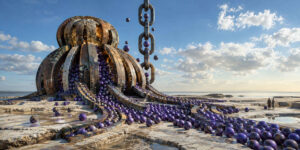 Eine monumentale, aufgebrochene Maschine aus gebogenen Metallrippen entlässt unzählige violette Kugeln auf geschwungene Bahnen. Die Kugeln rollen über eine helle, wasserbedeckte Ebene und schweben zugleich neben einer senkrechten Kette aus riesigen Gliedern empor. Zwei kleine Menschen beobachten das rätselhafte Werk vom Rand der menschenleeren Küste.