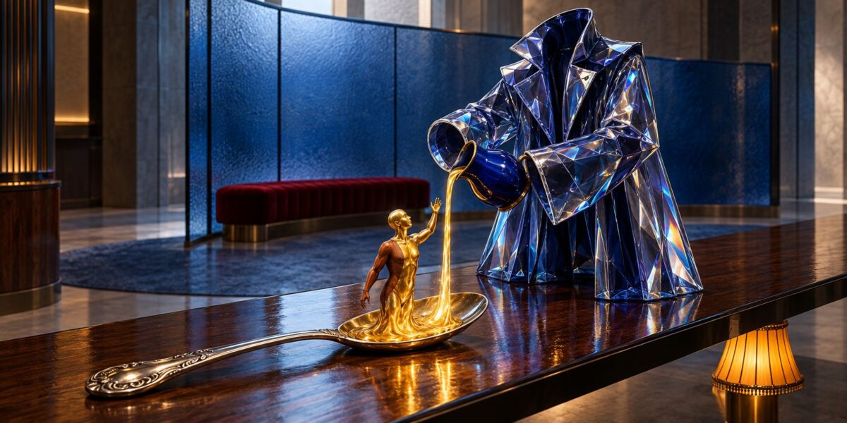 Auf einem langen Holztisch steht eine große, leere Gestalt aus facettiertem blauem Glas, deren Form an einen schweren Mantel erinnert. Aus einem Krug gießt sie einen goldenen Strom in einen silbernen Löffel, in dem sich eine kleine menschliche Figur aus der Flüssigkeit zu erheben scheint. Der elegante Innenraum verstärkt den Kontrast zwischen alltäglichem Gegenstand und fantastischer Handlung. Die Szene wirkt wie ein rätselhaftes Ritual der Entstehung.