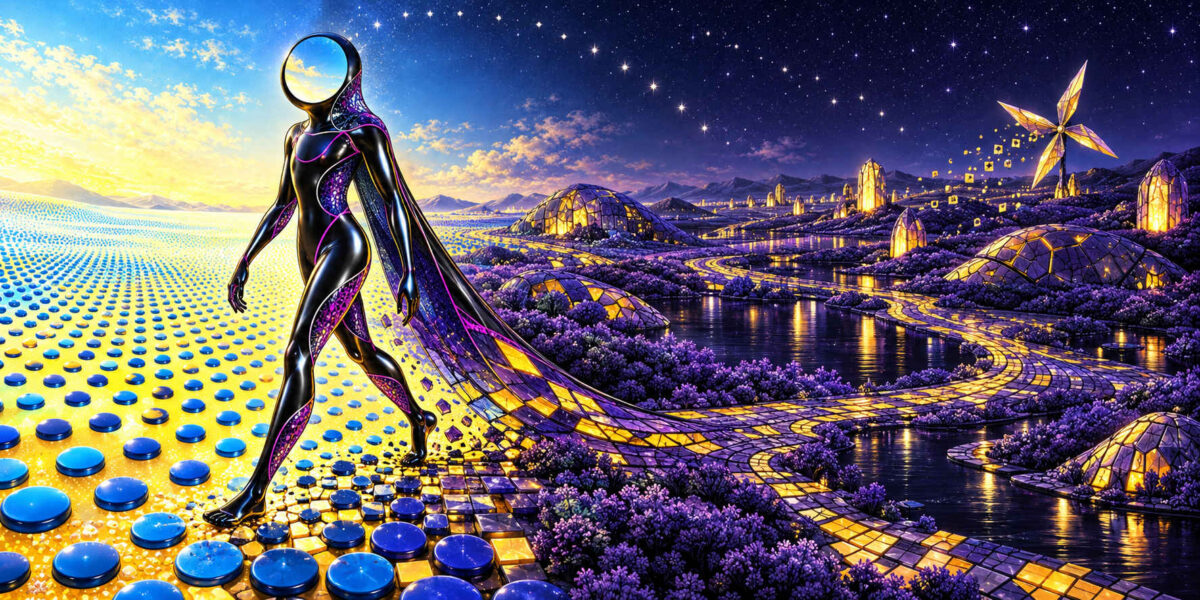 Eine elegante schwarze humanoide Gestalt mit ringförmigem Kopf schreitet durch eine Landschaft, die unmittelbar hinter ihr vom hellen Tag in eine leuchtende Nacht übergeht. Der gelbe Boden ist mit zahllosen blauen Scheiben bedeckt und verwandelt sich in ein violettes Mosaik aus Wegen, Seen und gläsernen Kuppeln. Der lange gemusterte Mantel der Figur scheint Teil dieses Übergangs zu werden. Über der nächtlichen Hälfte funkelt ein dichter Sternenhimmel.