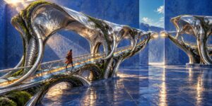 Eine einzelne Person geht über einen schmalen, beleuchteten Steg durch eine riesige organisch wirkende Metallkonstruktion. Die silbrig glänzenden Bögen erinnern zugleich an Architektur, Skelettstrukturen und ein fantastisches Lebewesen. Moos und Pflanzen wachsen auf Teilen der Oberfläche und verbinden Technik mit etwas Natürlichem. Im Hintergrund öffnet sich ein großer blauer Raum, in dem eine zweite ähnliche Struktur dem Weg entgegenzuragen scheint.