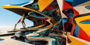 Eine weitläufige, futuristische Architektur aus geschwungenen weißen, roten, gelben und blauen Flächen wird von porösen, farbig leuchtenden Strukturen durchzogen. Treppen, Wasserbecken und schmale Wege führen durch die organisch wirkende Anlage. Zwei kleine Figuren und eine spiegelnde Kugel setzen Maßstäbe in der monumentalen Umgebung. Die Architektur wirkt zugleich gebaut und gewachsen.