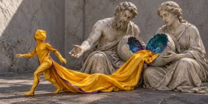 Zwei klassische Steinfiguren sitzen nebeneinander und halten eine große, aufgebrochene Kugel oder Schale in den Armen. Aus ihrem Inneren fließt ein langes gelbes Tuch heraus, das in das Gewand einer fortgehenden Figur übergeht. Diese dritte Gestalt trägt einen enganliegenden gelben Anzug mit violetten Konturen und entfernt sich entschlossen von den Sitzenden. Die Szene verbindet antike Skulptur, Geburtssymbolik und Aufbruch zu einer neuen Eigenständigkeit.