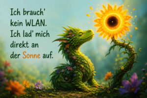 Ein sanftes grünes Wesen aus Blättern und kleinen Blüten sitzt mit geschlossenen Augen vor einer leuchtenden Sonnenblume. Die Blume scheint wie eine kleine Sonne und strahlt warm auf das friedliche Geschöpf herab. Die gesamte Szene wirkt wie ein natürlicher Ladevorgang in einem märchenhaften Garten. Der Bildtext lautet: „Ich brauch’ kein WLAN. Ich lad’ mich direkt an der Sonne auf.“