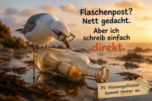 Eine Möwe mit Brille betrachtet am Strand eine Flaschenpost im warmen Abendlicht. Die Flasche liegt geöffnet im flachen Wasser, daneben befindet sich ein kleiner Zettel. Die Möwe erklärt: „Flaschenpost? Nett gedacht. Aber ich schreib einfach direkt.“ Der Nachsatz lautet: „PS: Küstengeflüster kommt immer an.“