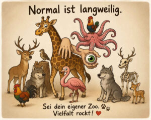 Eine heitere Sammlung aus Giraffe, Hirschen, Wölfen, Flamingo, Hähnen und weiteren Tieren steht dicht beieinander. Dazwischen schweben eine große Hand mit einem Auge sowie ein lächelnder Oktopus, auf dem ein Hahn sitzt. Auch das Skelett eines Hirsches gehört selbstverständlich zur ungewöhnlichen Gemeinschaft. Die Bildtexte lauten: „Normal ist langweilig.“ und „Sei dein eigener Zoo. Vielfalt rockt!“