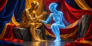 Zwei menschenähnliche Wesen sitzen sich inmitten schwerer roter, blauer und goldener Stoffbahnen gegenüber. Die linke Figur besteht aus glänzendem Gold und zieht feine goldene Fäden durch den Oberkörper der transparent blau leuchtenden Figur. Beide Körper lösen sich teilweise in fadenartige Strukturen auf. Die Szene wirkt wie eine vorsichtige Reparatur oder gegenseitige Ergänzung.