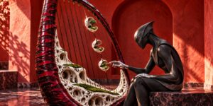 Eine dunkle futuristische Figur sitzt vor einer riesigen harfenartigen Skulptur und berührt mit einer filigranen Hand eine der Saiten. In der weißen, porösen Struktur des Instruments wachsen Moosflächen und kleine Pflanzen. Mehrere ovale Behälter hängen zwischen den Saiten und tragen winzige Landschaften mit Bäumen und Blumen. Die Szene wirkt wie eine Verbindung aus Musikinstrument, lebender Architektur und einem System kleiner, schwebender Welten.