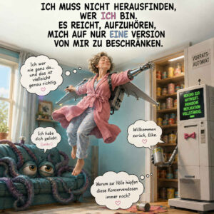 Eine ältere Frau namens Elke schwebt im Morgenmantel mit mechanischen Flügeln und einem bionischen Arm durch ihr Wohnzimmer. Auf dem Sofa sitzt ein riesiger trauriger Oktopus, während ein „Vorratsautomat“ meldet: „Rekord 223 aktiviert. Bionische Replikation vollständig.“ Sprechblasen verkünden: „Ich war nie ganz da … und das ist vielleicht genau richtig“, „Ich habe dich geliebt. (Leider.)“ und „Willkommen zurück, Elke.“ Eine weitere Stimme fragt: „Warum zur Hölle hüpfen diese Konservendosen immer noch?“, während darüber steht: „Ich muss nicht herausfinden, wer ich bin. Es reicht, aufzuhören, mich auf nur eine Version von mir zu beschränken.“
