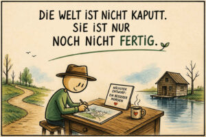 Eine kleine Figur mit Hut sitzt an einem Holztisch am Wasser und zeichnet eine neue Landschaft. Im Hintergrund stehen ein schlichtes Haus am See sowie kahle und bereits begrünte Bäume. Über der Szene steht: „Die Welt ist nicht kaputt. Sie ist nur noch nicht fertig.“ Ein Schild auf dem Tisch trägt die Aufschrift: „Nächster Entwurf: Ein besserer Morgen.“