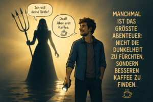 Ein Mann mit Taschenlampe begegnet in einer düsteren Umgebung einer hochgewachsenen schwarzen Gestalt mit roten Augen und Dreizack. Die Gestalt fordert: „Ich will deine Seele!“, worauf der Mann gelassen antwortet: „Deal! Aber erst Kaffee.“ Rechts steht: „Manchmal ist das größte Abenteuer: nicht die Dunkelheit zu fürchten, sondern besseren Kaffee zu finden.“ Eine kleine dampfende Tasse ergänzt die humorvolle Botschaft.