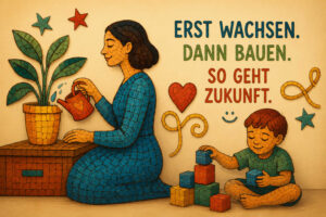 Eine Frau gießt eine große grüne Pflanze, während neben ihr ein Junge aus bunten Würfeln einen Turm errichtet. Figuren, Pflanze, Sterne und Herzen wirken wie aus kleinen Mosaiksteinen zusammengesetzt. Die beiden Tätigkeiten stehen sinnbildlich für Entwicklung und Gestaltung. Dazu lautet die Botschaft: „Erst wachsen. Dann bauen. So geht Zukunft.“