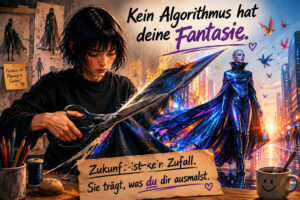 Eine Künstlerin schneidet mit einer großen Schere farbenprächtig bemalten Stoff zu. Aus dem Stoff scheint eine futuristisch gekleidete Frau hervorzutreten, begleitet von bunten Vögeln und einer leuchtenden Großstadt. An der Wand steht: „Fantasie ist Planung in Freiheit.“ Die Hauptbotschaft lautet: „Kein Algorithmus hat deine Fantasie. Zukunft ist kein Zufall. Sie trägt, was du dir ausmalst.“