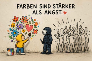 Ein Kind in gelber Kapuzenjacke malt mit einem Pinsel bunte Blumen und ein rotes Herz auf eine graue Wand. Direkt vor ihm steht ein dunkel gekleideter Polizist mit Helm, Schutzkleidung und Schlagstock. Hinter dem Polizisten drängt eine nur mit schwarzen Linien gezeichnete, wütende Menschenmenge nach vorn. Über der Szene steht: „Farben sind stärker als Angst.“