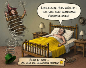 Ein Mann liegt in einem altmodischen Messingbett, während neben ihm eine lachende Hexe auf einer riesigen Spiralfeder durch das Schlafzimmer hüpft. Ihr grüner Hut ist zu Boden gefallen, und in ihrer Hand hält sie einen Zauberstab. Sie sagt: „Loslassen, Herr Müller – ich habe auch manchmal federnde Ideen!“ Darunter steht: „Schlaf gut – und lass die Gedanken federn!“