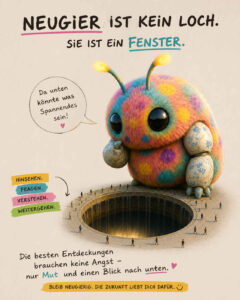 Ein riesiges, buntes und pelziges Fantasiewesen betrachtet gemeinsam mit vielen winzigen Menschen ein tiefes rundes Loch. Es sagt: „Da unten könnte was Spannendes sein!“ Über der Szene steht: „Neugier ist kein Loch. Sie ist ein Fenster.“ Weitere Texte ermuntern zum Hinsehen, Fragen, Verstehen und Weitergehen: „Die besten Entdeckungen brauchen keine Angst – nur Mut und einen Blick nach unten.“