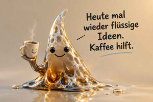 Ein lächelndes, durchsichtiges Wesen aus goldener Flüssigkeit hält eine dampfende Tasse mit Gesicht. Sein Körper zerfließt am Boden zu einer glänzenden Pfütze, ohne dass es dadurch seine gute Laune verliert. Die vielen eingeschlossenen Blasen lassen die Figur besonders leicht und beweglich erscheinen. Daneben steht: „Heute mal wieder flüssige Ideen. Kaffee hilft.“