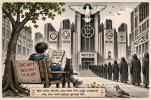 Ein junger Mann sitzt mit einer Katze auf einer Bank und liest einen Artikel mit der Überschrift „Fantasie verbessert die Welt“. Vor ihm ziehen verhüllte Menschen in einer langen Reihe zu einem monumentalen Gebäude mit der Aufschrift „Nutzer“. Weitere Fassaden tragen die Begriffe „Ordnung“, „Strategie“, „Effizienz“ und „Gehorsam“. Auf der Bank und unter der Szene steht: „Freiheit beginnt im Kopf.“ sowie „Wer alles denkt, was man ihm sagt, verpasst das, was noch keiner gesagt hat.“