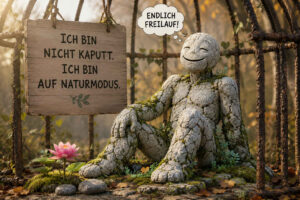 Eine lächelnde steinerne Figur sitzt entspannt zwischen Moos, kleinen Pflanzen und einer rosafarbenen Blüte. Hinter ihr befindet sich ein grober Käfig aus Ästen, der die Figur jedoch nicht mehr einzuengen scheint. Ihre Gedankenblase lautet: „Endlich Freilauf!“ Auf einem Holzschild steht: „Ich bin nicht kaputt. Ich bin auf Naturmodus.“