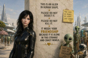 Eine schwarz gekleidete Frau steht in einer futuristischen Stadt vor einer Wand, während zahlreiche Außerirdische und ein kleiner Roboter hinter ihr warten. Die englische Wandaufschrift erklärt, sie sei ein Alien in Menschengestalt, das weder seziert noch getötet werden dürfe und in dieser seltsamen Welt Freundschaft brauche. Ein Zettel bietet kostenlose Umarmungen und Kekse statt Untersuchungen und Laserstrahlen an. Ein kleines Alien fragt auf seinem Schild: „Have you seen my spaceship?“