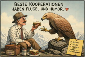 Ein freundlich lächelnder Mann sitzt mit einem großen Adler in den Bergen und bietet ihm ein belegtes Brot an. Neben ihnen stehen ein Koffer für „Gute Ideen Sandwiches“, eine Dose mit der Aufschrift „Respekt würzt alles“ und ein weiterer Teller mit einem Sandwich. Auf einem Zettel sind „Respekt“, „Teilen“ und „Neugier“ angekreuzt, gefolgt von „Fertig ist Freundschaft“. Über der Szene steht: „Beste Kooperationen haben Flügel und Humor.“