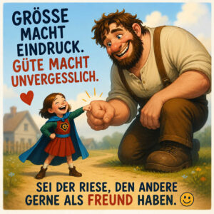 Ein riesenhafter, freundlich lächelnder Mann und ein kleines Mädchen in einem Superheldinnenkostüm begrüßen sich mit den Fäusten. Trotz des gewaltigen Größenunterschieds begegnen sich beide vollkommen selbstverständlich. Über ihnen steht: „Größe macht Eindruck. Güte macht unvergesslich.“ Darunter lautet die Botschaft: „Sei der Riese, den andere gerne als Freund haben.“