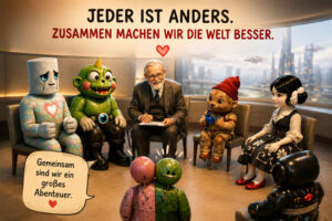 In einem hellen Raum sitzt eine ungewöhnliche Gruppe aus einem älteren Mann und mehreren sehr unterschiedlichen künstlichen und märchenhaften Wesen zusammen. Vor ihnen stehen zwei weitere Figuren, von denen eine aus einer grünen und einer rosafarbenen Hälfte besteht. Über der Gruppe steht: „Jeder ist anders. Zusammen machen wir die Welt besser.“ Eine Sprechblase ergänzt: „Gemeinsam sind wir ein großes Abenteuer.“